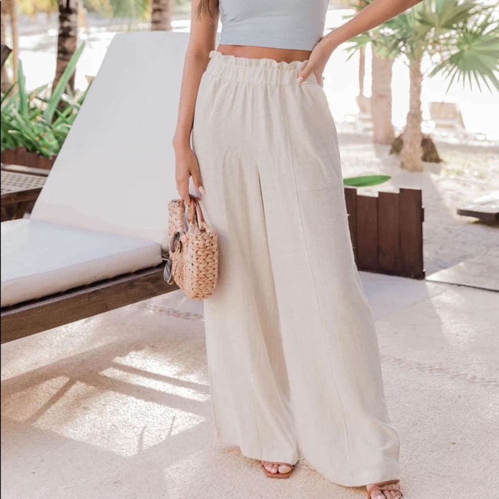 Pink Lily Highway To Paradise Beige Smocked Waist Pants - Medium × 1